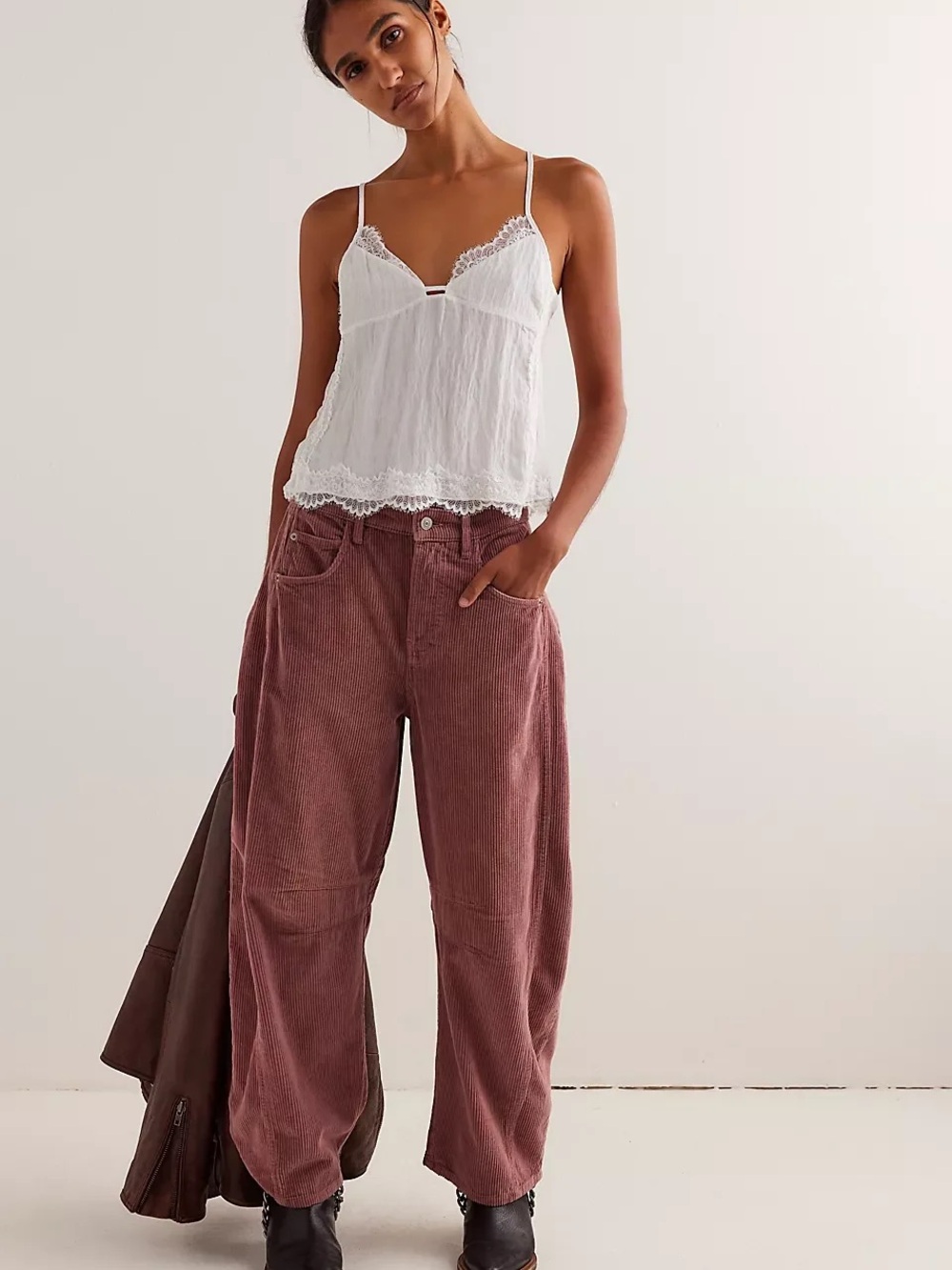 We The Free Good Luck Mid-Rise Cord Barrel Jeans in Withered Rose